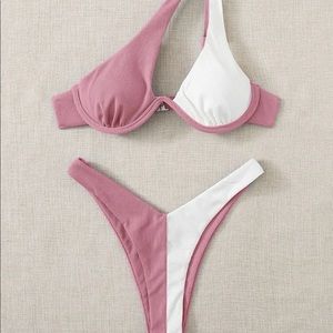 SHEIN Rib Two Tone Underwire High Cut Bikini Swimsuit
